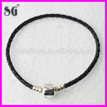925 Sterling Plated Silver Clasp Rope Chain European Charms Leather Bracelets